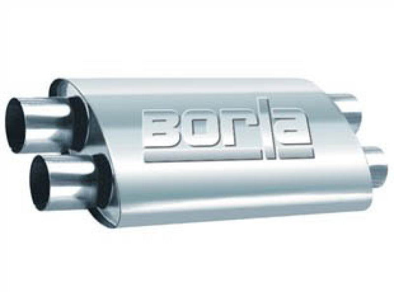 Borla 2.50-inch dual inlet/outlet PRO-XS muffler with 19x9.5x4 inch dimensions, showcasing its stainless steel construction and polished finish.