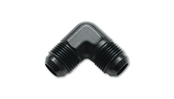 Vibrant -3AN aluminum 90-degree flare union fitting showing smooth, shiny metallic surface and threaded ends for automotive or hydraulic use