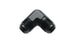 Vibrant -3AN aluminum 90-degree flare union fitting showing smooth, shiny metallic surface and threaded ends for automotive or hydraulic use
