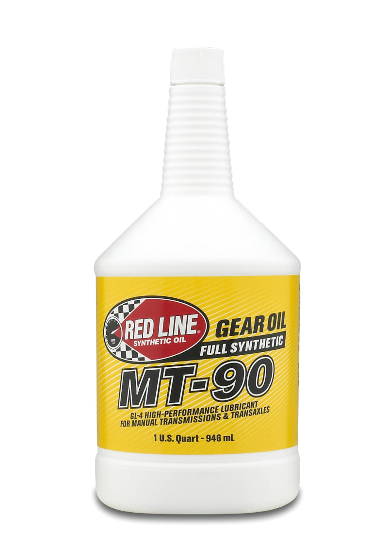 Red Line MT-90 75W90 gear oil quart bottle, showcasing the red and white label with product details and brand logo.
