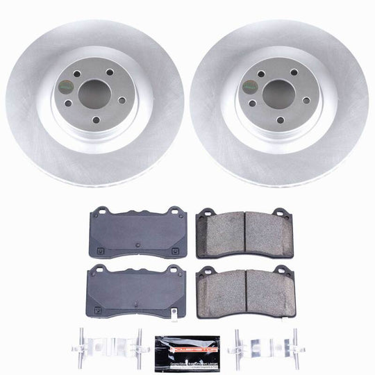 PowerStop Z23 coated brake kit for Ford Focus 2016-2018 front brake system with rotors and pads installed.