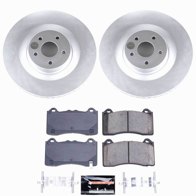 PowerStop Z23 coated brake kit for Ford Focus 2016-2018 front brake system with rotors and pads installed.
