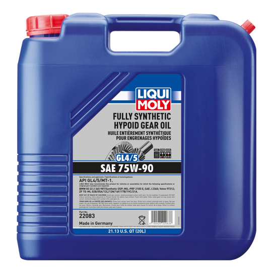 LIQUI MOLY 20L Fully Synthetic GL4/5 75W90 Gear Oil container for automotive gear systems