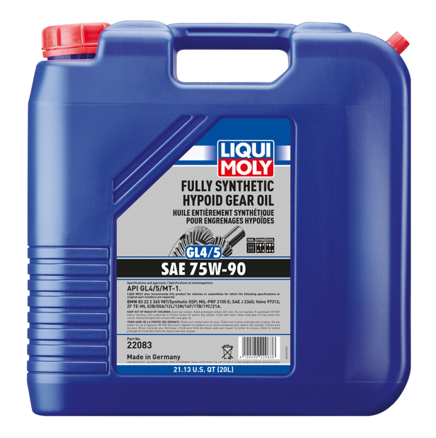 LIQUI MOLY 20L Fully Synthetic GL4/5 75W90 Gear Oil container for automotive gear systems