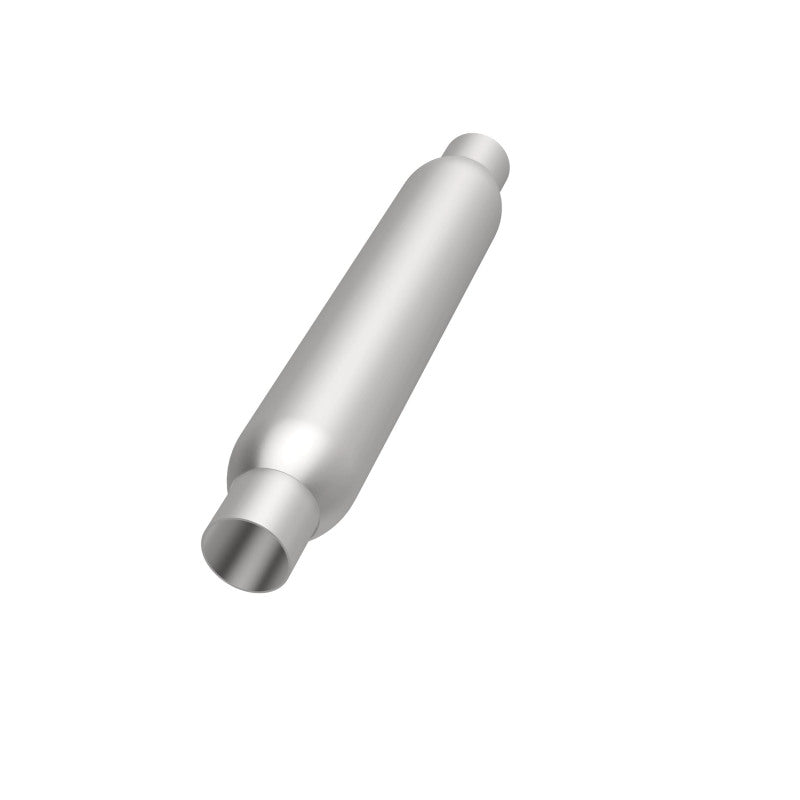 MagnaFlow muffler with 3.5-inch diameter and 18-inch length, featuring dual 2.25-inch inlet and outlet pipes, for automotive exhaust.