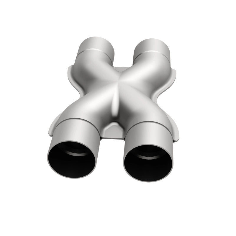 MagnaFlow Smooth Trans X 3/3 X 14 stainless steel exhaust X pipe showing polished metal and detailed construction.
