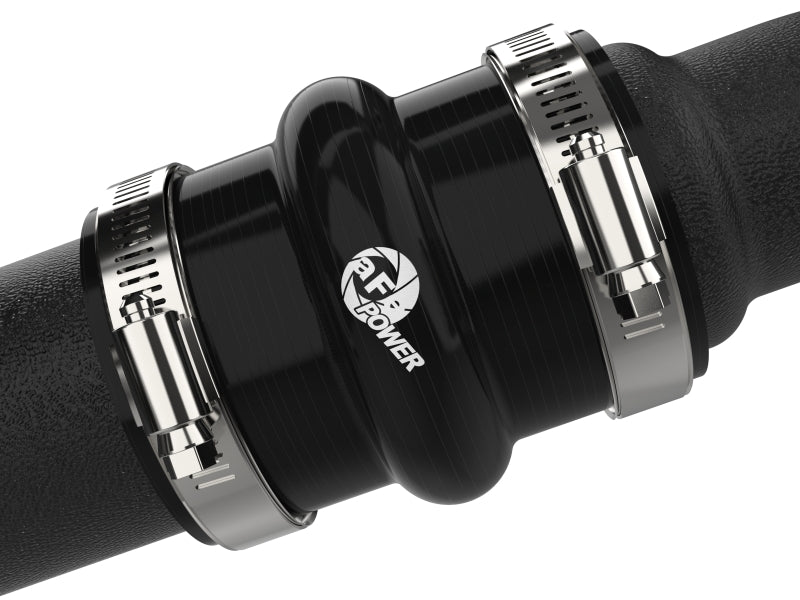 aFe BladeRunner black aluminum hot charge pipe for Ford F-150 V6 2.7L intercooler, 2-inch to 2.5-inch diameter, installed in engine bay