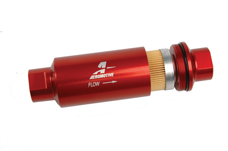 Aeromotive AN-10 inline fuel filter with 10 micron fabric element, designed for clean fuel filtration in automotive applications.
