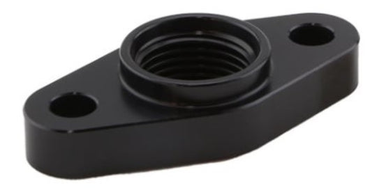Turbosmart billet turbo drain adapter with silicon O-ring, 52mm mount holes, T3/T4 style fit, used for turbocharger oil drain connection.