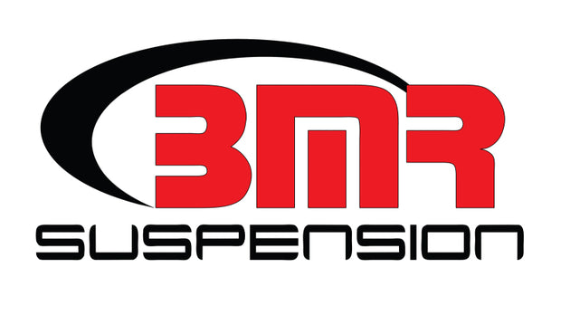 BMR Suspension red 5th Gen Camaro V8 auto driveshaft safety loop under the car, designed for drivetrain protection and safety.