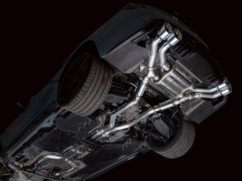 AWE Tuning Cadillac CT5-V Blackwing switchpath catback exhaust with chrome silver tips, installed on the vehicle showing the full system.