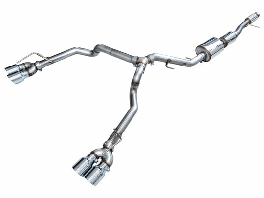 AWE Tuning catback exhaust for 2021+ GMC Tahoe/Yukon 5.3L, featuring quad chrome silver tips and split rear exit design.