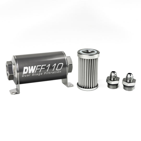 DeatschWerks stainless steel 6AN 5 micron universal inline fuel filter housing kit with clear view and mounting hardware.