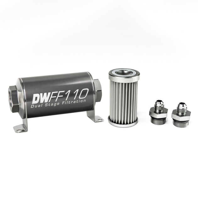 DeatschWerks stainless steel 6AN 5 micron universal inline fuel filter housing kit with clear view and mounting hardware.