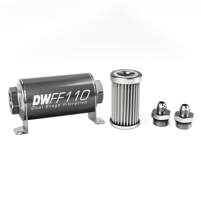 DeatschWerks stainless steel 6AN 5 micron universal inline fuel filter housing kit with clear view and mounting hardware.