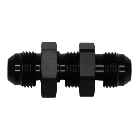 DeatschWerks 8AN male flare to 8AN male flare bulkhead fitting in anodized matte black with included nut, for fuel and fluid connections.