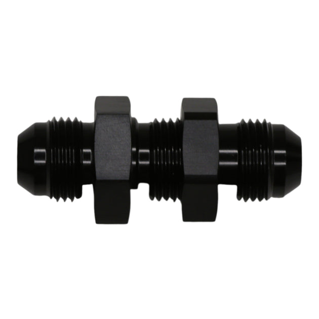 DeatschWerks 8AN male flare to 8AN male flare bulkhead fitting in anodized matte black with included nut, for fuel and fluid connections.