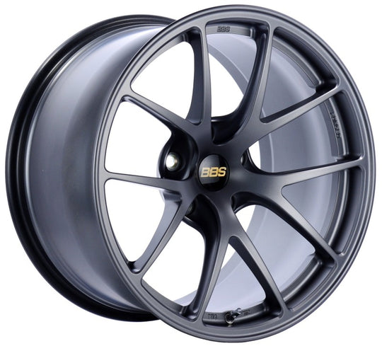 BBS RI-A forged 18x9.5 inch matte graphite wheel with 5x114.3 bolt pattern and ET35 offset, featuring PFS/clip required