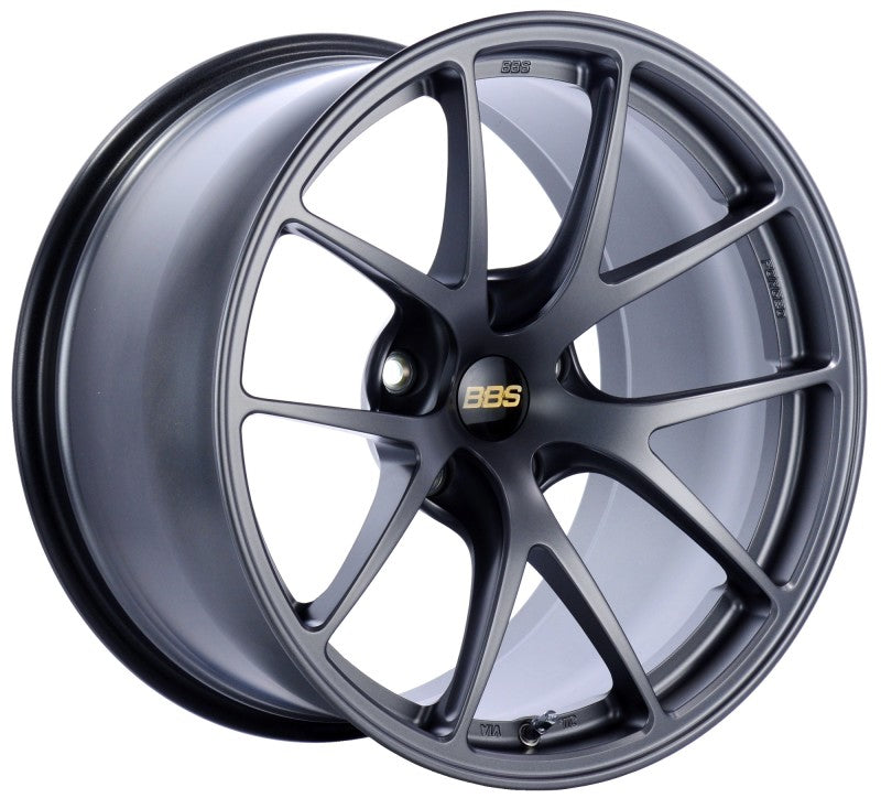 BBS RI-A forged 18x9.5 inch matte graphite wheel with 5x114.3 bolt pattern and ET35 offset, featuring PFS/clip required