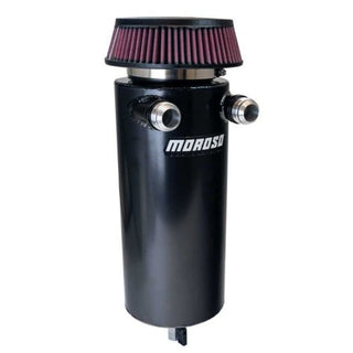 Black Moroso 6-inch aluminum dual -16AN inlet oil catch can with mounting brackets and hoses for vehicle engine ventilation.