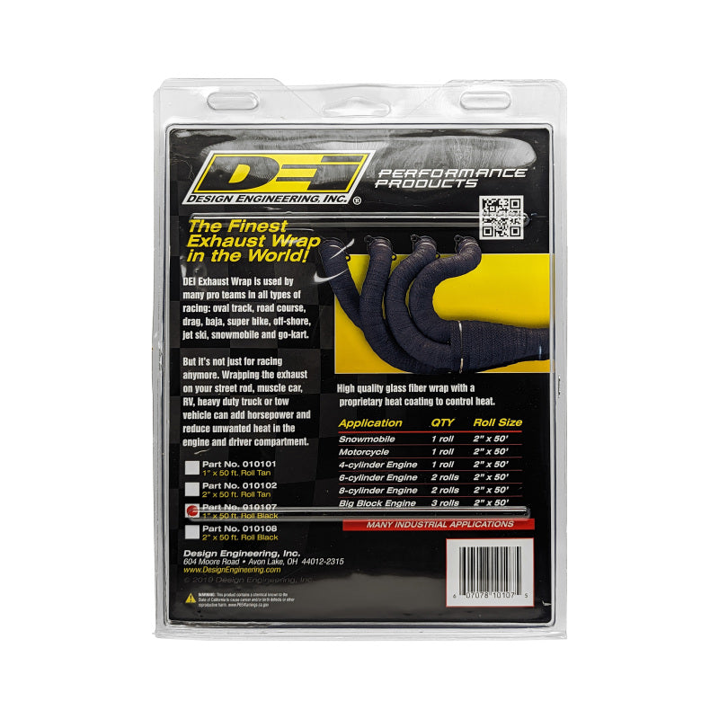 Black DEI Exhaust Wrap 1in x 50ft, high-temperature header insulation wrapping for exhaust pipes, durable and heat-resistant.