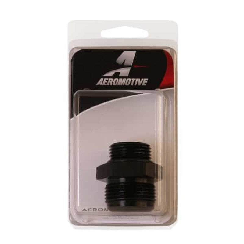 Aeromotive AN-12 ORB to AN-16 flare fitting showing detailed fittings and threading for automotive fluid connections.