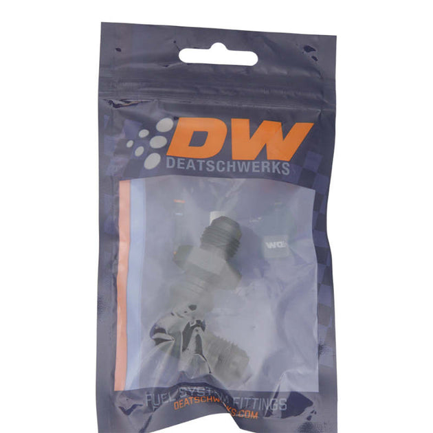 DeatschWerks 6AN male flare to 6AN male flare bulkhead adapter in anodized matte black, 90-degree fitting for fuel and fluid systems.