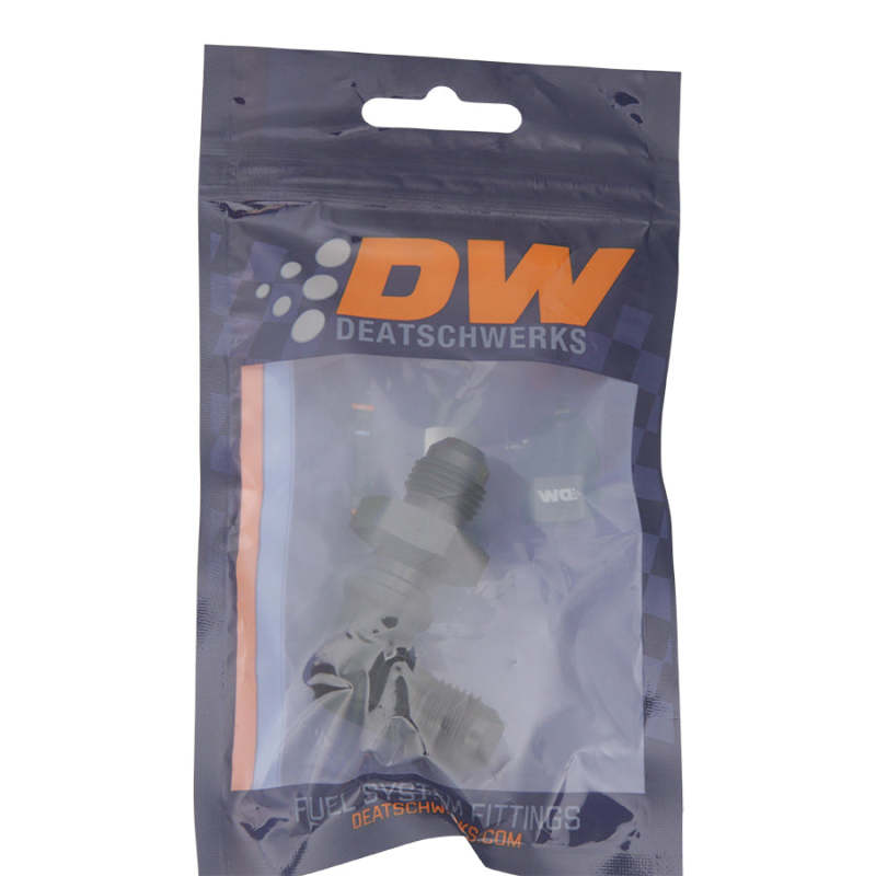 DeatschWerks 6AN male flare to 6AN male flare bulkhead adapter in anodized matte black, 90-degree fitting for fuel and fluid systems.