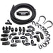 Snow Performance 8AN braided stainless steel black fuel line kit for injection pump components, showing durable fittings and braided design.