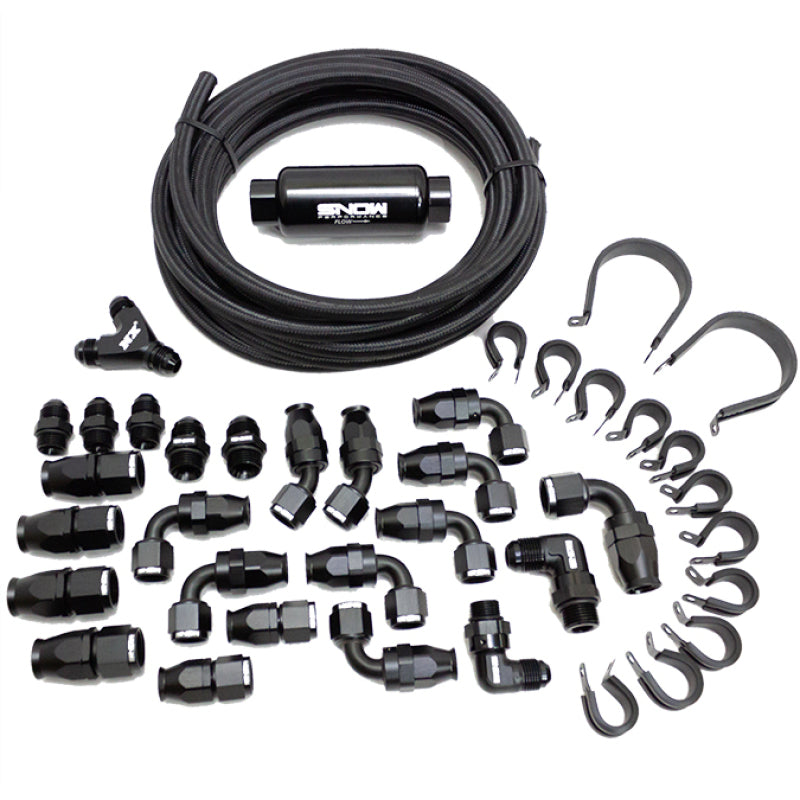 Snow Performance 8AN braided stainless steel black fuel line kit for injection pump components, showing durable fittings and braided design.