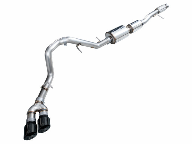 AWE Tuning 2021+ GMC Tahoe/Yukon 5.3L catback exhaust with diamond black tips, showing the side exit design and polished finish.