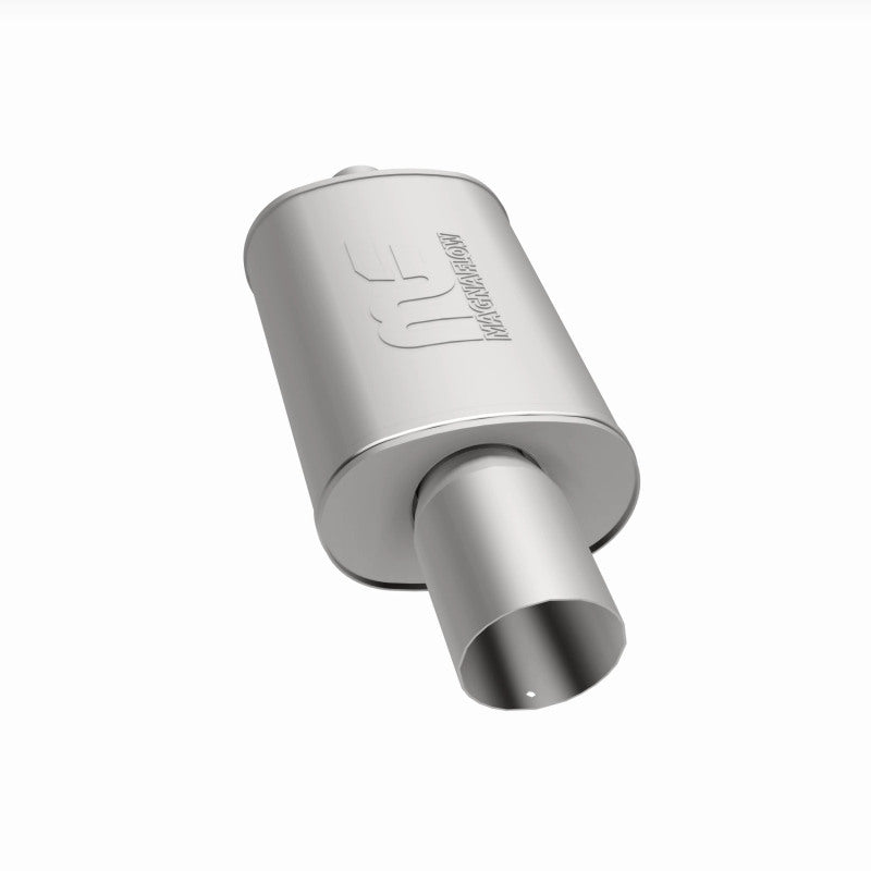 MagnaFlow stainless steel muffler with tip, 14x5x8 inches, featuring dual inlet and outlet pipes for automotive exhaust systems.