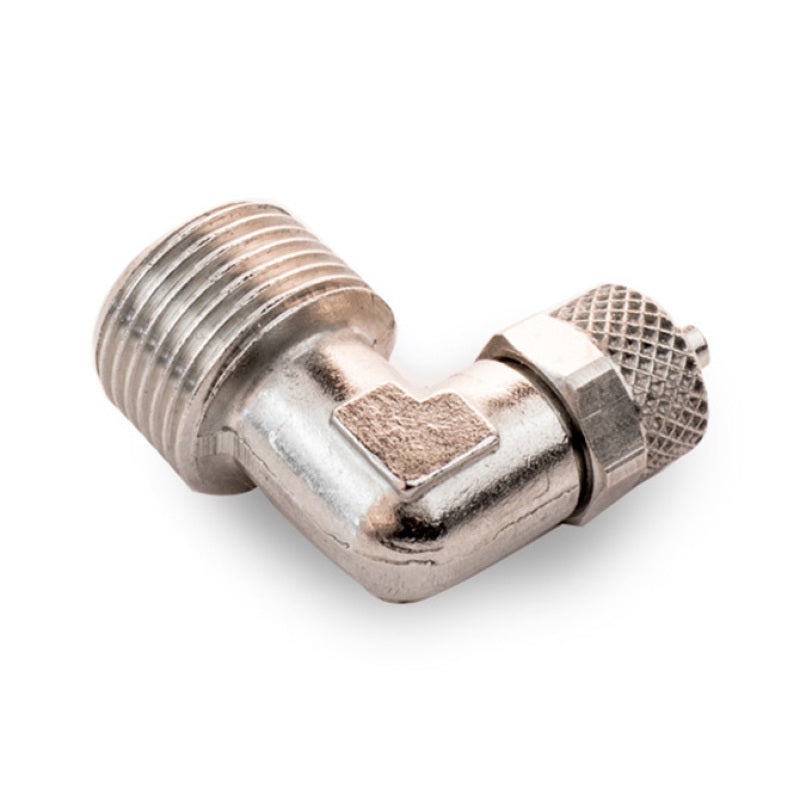 Snow Performance 3/8in NPT 90-degree water fitting, metal elbow connector for automotive cooling systems, detailed close-up image