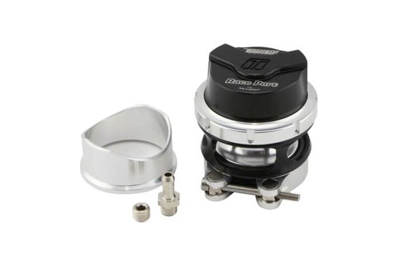 Black Turbosmart RacePort Gen V blow off valve for superchargers, showing the sleek, compact design with adjustable fittings.