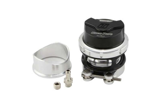 Black Turbosmart RacePort Gen V blow off valve for superchargers, showing the sleek, compact design with adjustable fittings.