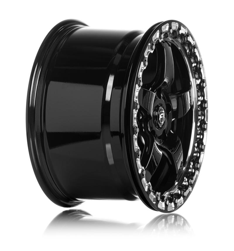 Forgestar D5 Beadlock 17x10 cast wheel in gloss black with 5x114.3 bolt pattern, ET50 offset, and 7.5-inch backspacing.