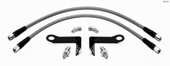 Wilwood front brake line kit for 2005-2008 Ford Mustang with SL4 or SL6 calipers, featuring durable flexible brake lines.
