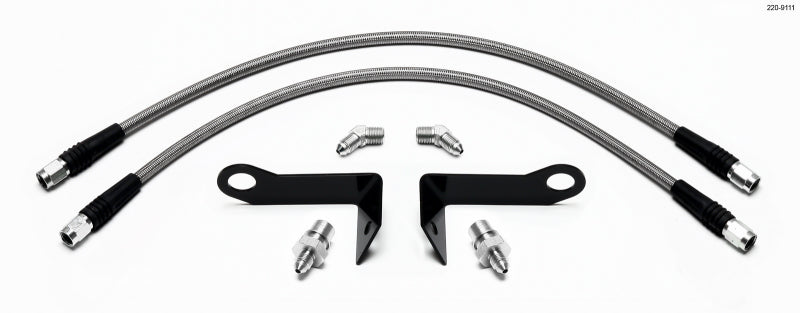 Wilwood front brake line kit for 2005-2008 Ford Mustang with SL4 or SL6 calipers, featuring durable flexible brake lines.