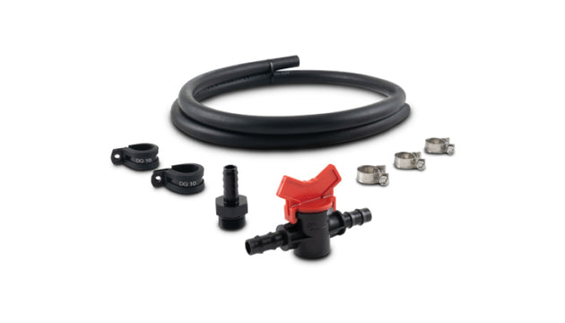 Vibrant Catch Cans Drain Kit showing oil catch cans in black with hoses connected, designed for automotive oil catch system.