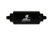 Aeromotive in-line fuel filter with AN-6 male fitting, 10 micron fabric element, bright dip black finish, designed for automotive use.