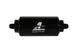 Aeromotive in-line fuel filter with AN-6 male fitting, 10 micron fabric element, bright dip black finish, designed for automotive use.