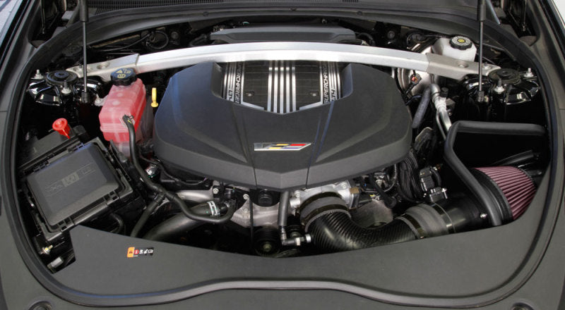 K&N Engineering cold air intake for 2016-2017 Cadillac CTS-V 6.2L V8 engine, showing the performance aircharger system.