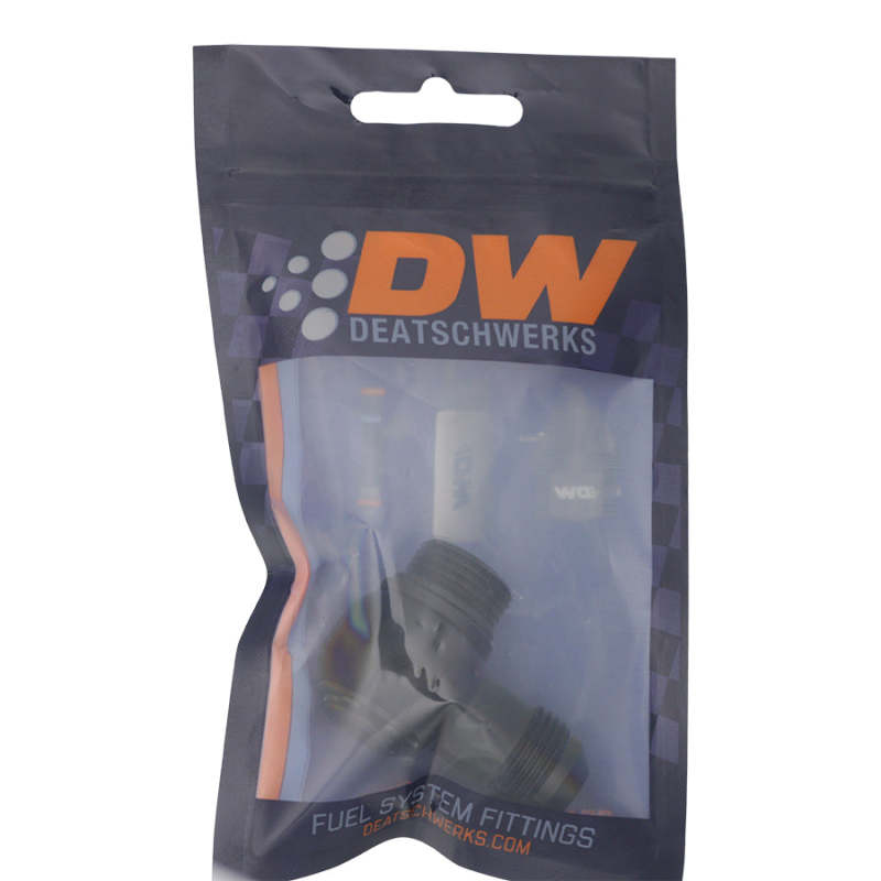 DeatschWerks matte black 8AN ORB male to 8AN male flare low profile 90-degree swivel fitting for automotive use