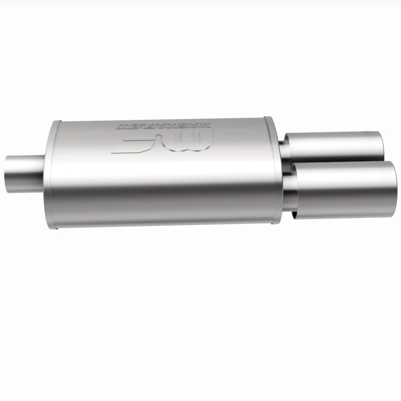 MagnaFlow stainless steel muffler with tip, 14x5x8 inches, featuring dual inlet and outlet pipes, designed for automotive exhaust systems.