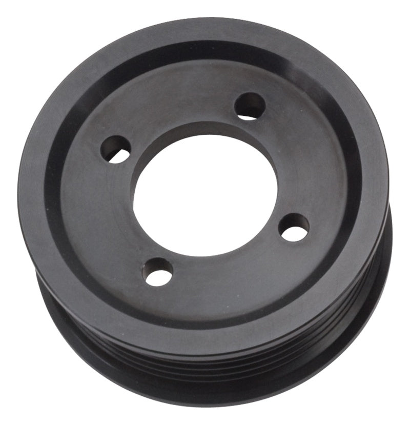 Edelbrock E-Force supercharger pulley, 3-inch competition size, for high-performance supercharger systems, shown on engine.