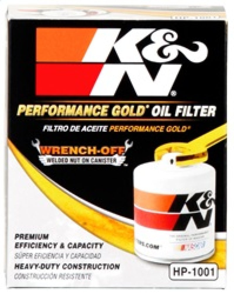 K&N performance gold oil filter for Chevy, Pontiac, GMC, and Buick vehicles, showing the brand's high-quality oil filter design.