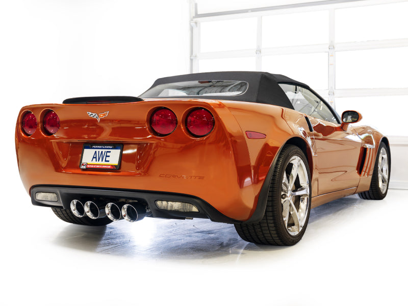 AWE Tuning 05-07 C6 Chevrolet Corvette 6.0L Touring Edition axle-back exhaust with chrome silver tips, displayed on a car.