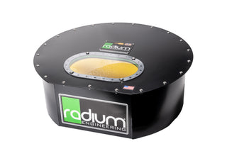 Radium Engineering R10.5A 10.5-gallon fuel cell with spare tire mount, showcasing durable fuel tank and tire setup.