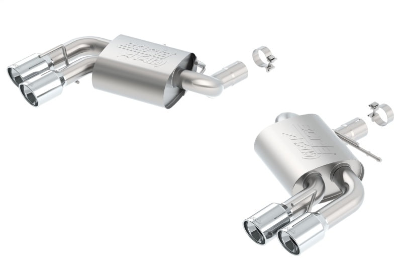 Borla axle back exhaust for 2016 Chevy Camaro 6.2L Atak rear section without dual mode valves, showcasing the polished stainless steel design.
