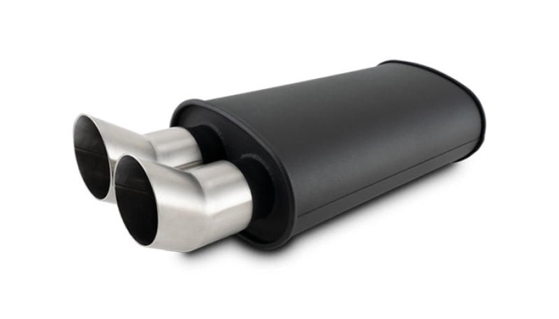 Vibrant flat black muffler with dual DTM cut tips, 9x5x15 inches body, 3-inch inlet ID, and 3-inch tip OD for automotive exhaust.